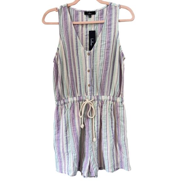 LULU’S Forever Adventure Romper Size M NEW Lilac Multi Striped Drawstring Waist - Picture 2 of 13